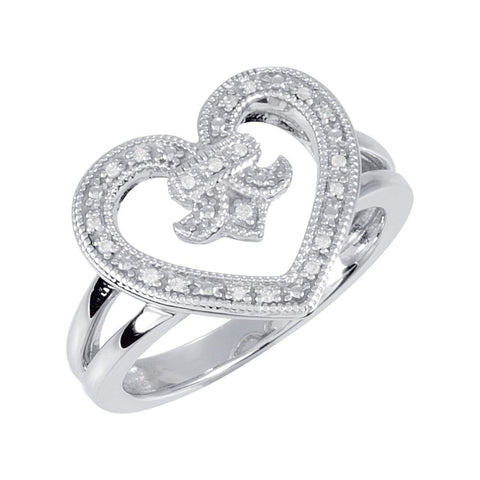 Sterling Silver .07 CTW Diamond Heart & Fleur-De-Lis Design Ring Size 7