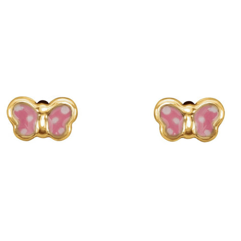 14k Yellow Gold Pink Enamel Butterfly Earrings