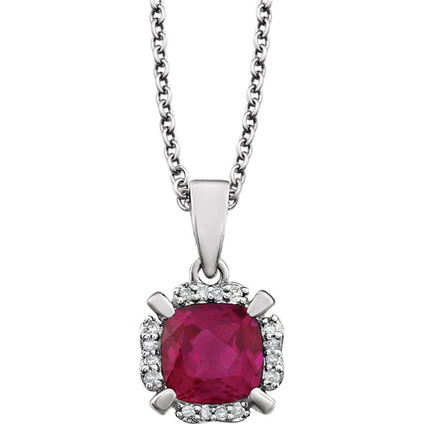 14k White Gold Created Ruby & .05 CTW Diamond 18" Necklace