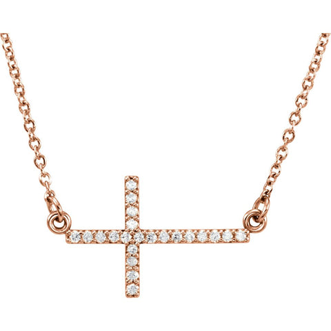 14k Rose Gold 1/10 CTW Diamond Sideways Cross 16-18" Necklace