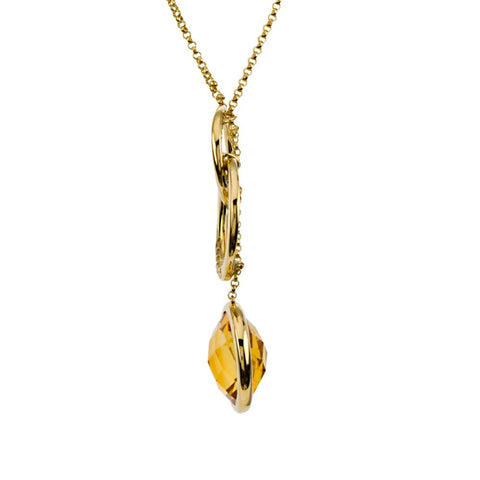 14k Yellow Gold Genuine Checkerboard Citrine & Diamond Necklace