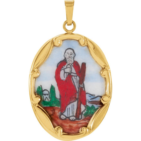 14k Yellow Gold 25x19.5mm St. Jude Hand-Painted Porcelain Medal