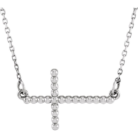 14k White Gold 12.05x19.5mm Sideways Beaded Cross 16.5" Necklace