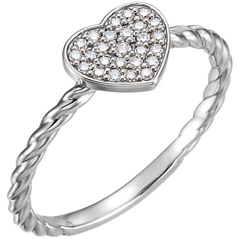 Sterling Silver 1/8 CTW Diamond Heart Rope Ring, Size 7