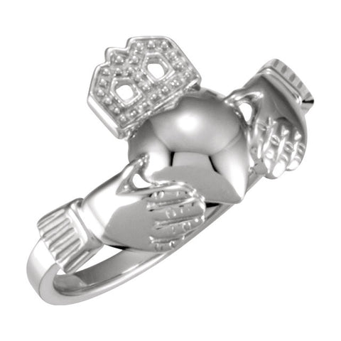 14k White Gold 12x14mm Ladies Claddagh Ring, Size 7