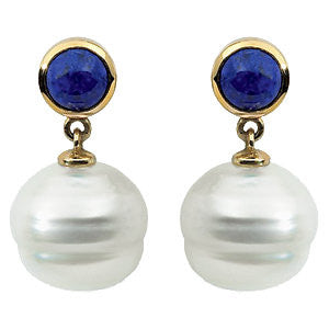 14k Yellow Gold Round Lapis Dangle Earrings