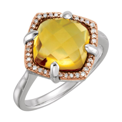 Sterling Silver Rose Gold Plated Citrine & 1/8 CTW Diamond Ring Size 8