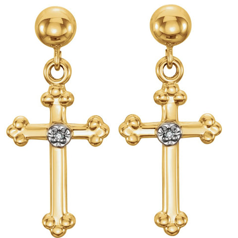 14k Yellow Gold .01 CTW Diamond Cross Dangle Earrings