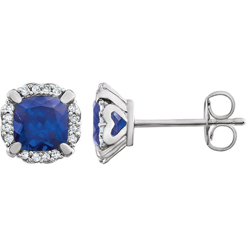 14k White Gold Created Blue Sapphire & 1/10 CTW Diamond Earrings