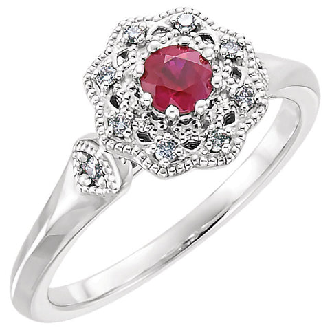 14k White Gold Ruby & 1/10 CTW Diamond Ring, Size 7