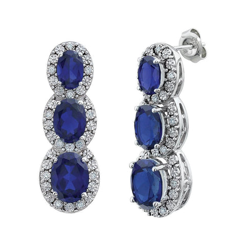 14k White Gold Created Blue Sapphire & .07 CTW Diamond 3-Stone Earrings