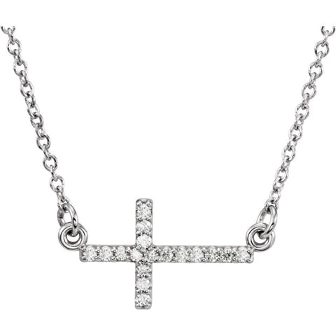 14k White Gold .08 CTW Diamond Sideways Cross 16-18" Necklace