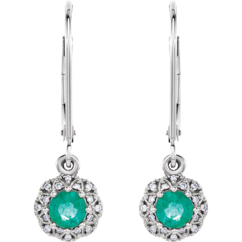 14k White Gold Emerald & .08 CTW Diamond Earrings