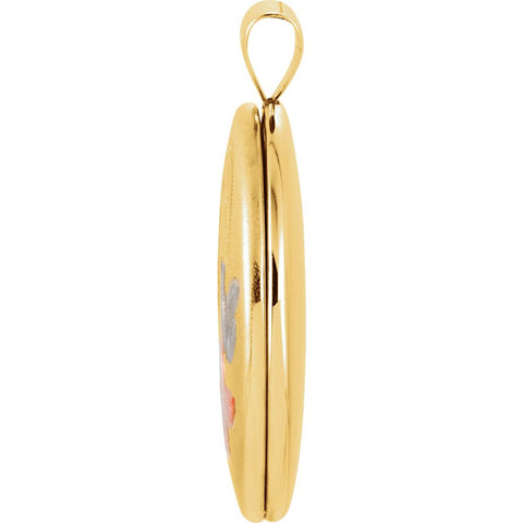 14k Yellow Gold Oval Butterfly & Flowers Locket with Epoxy