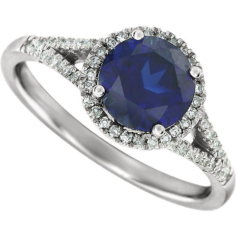 14k White Gold Lab Grown Blue Sapphire & 1/6 CTW Diamond Ring , Size 7