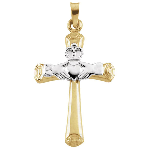 14k White/Yellow Gold Hollow Claddagh Cross Pendant