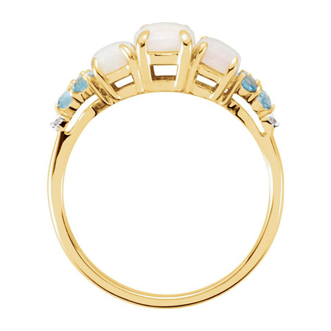 14k Yellow Gold Opal, Swiss Blue Topaz & Diamond Accented 3-Stone Ring, Size 7