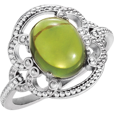 14k White Gold Peridot Granulated Design Ring, Size 7