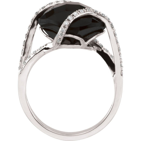 14k White Gold Onyx & 1/5 CTW Diamond Ring Size 7