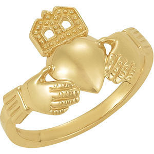 14k Yellow Gold 12x14mm Ladies Claddagh Ring, Size 7