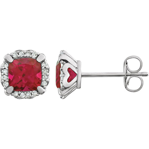 14k White Gold Created Ruby & 1/10 CTW Diamond Earrings