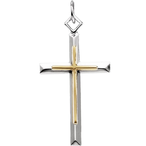 29.00x18.00 mm Two-Tone Cross Pendant in Sterling Silver and Yellow Gold