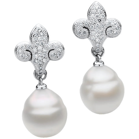 18k Palladium White Gold Fleur-de-lis Pearl Earrings