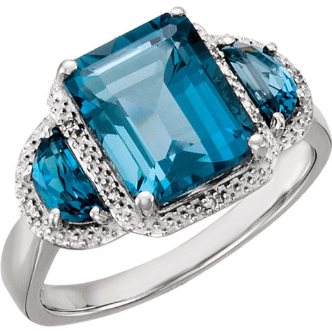 14k White Gold London Blue Topaz & .03 CTW Diamond Ring, Size 7