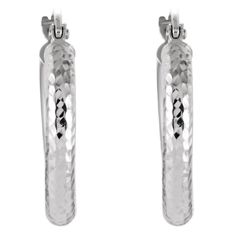 14k White Gold Diamond Cut Hoop Earrings