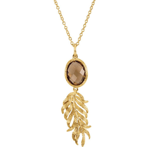 14K Yellow Gold-Plated Sterling Silver Checkerboard Honey Quartz Leaf 32" Necklace