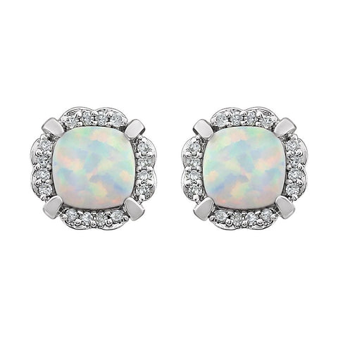 14k White Gold Created Opal & 1/10 CTW Diamond Earrings