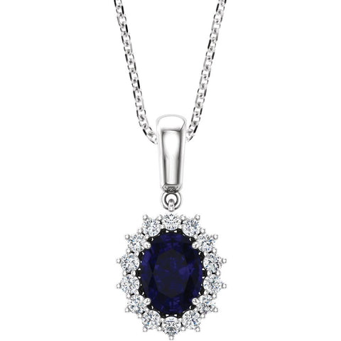 14k White Gold Chatham® Created Blue Sapphire & 1/3 CTW Diamond 18" Necklace