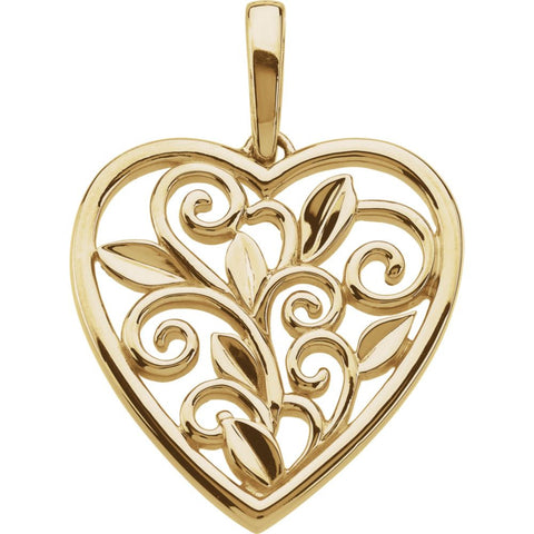 14k Yellow Gold Scroll & Leaf Design Filigree Heart Pendant