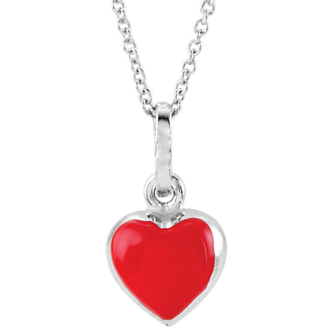 Sterling Silver Red Enamel Puff Heart 14-16" Necklace