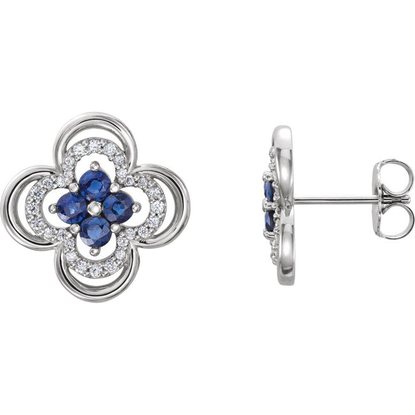 14k White Gold Genuine Blue Sapphire & 1/5 CTW Diamond Clover Earrings