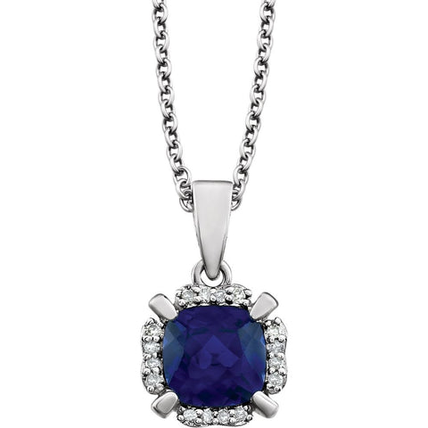 14k White Gold Created Blue Sapphire & .05 CTW Diamond 18" Necklace
