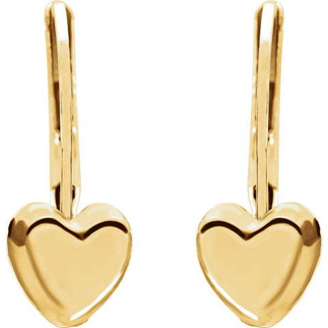 14k Yellow Gold Heart Lever Back Youth Earrings