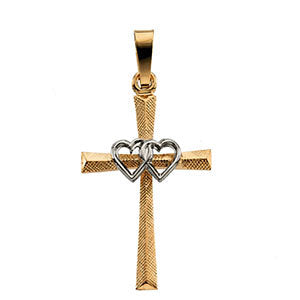 14K Yellow & White 20x14mm Cross Pendant with intertwined hearts