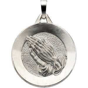 14k White Gold 21mm Round Praying Hands Pendant