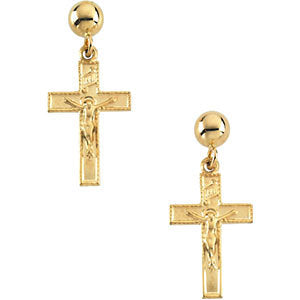 14k Yellow Gold 14x9mm Crucifix Ball Dangle Earrings
