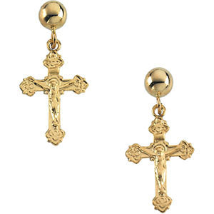 14k Yellow Gold 13x9mm Crucifix Ball Dangle Earrings