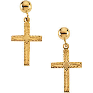 14k Yellow Gold 13x10mm Cross Ball Dangle Earrings