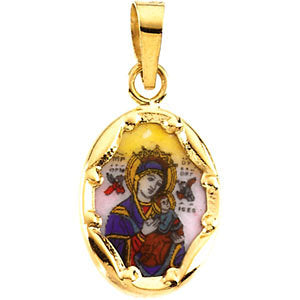 14k Yellow Gold 13x10mm Our Lady of Perpetual Help Hand-Painted Porcelain
