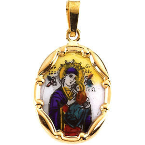 14k Yellow Gold 17x13.5mm Our Lady of Perpetual Help Hand-Painted Porcelain