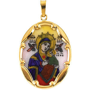 14k Yellow Gold 25x19.5mm Our Lady of Perpetual Help Hand-Painted Porcelain