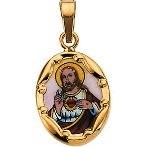 14k Yellow Gold 13x10mm Sacred Heart of Jesus Hand-Painted Porcelain Pendant