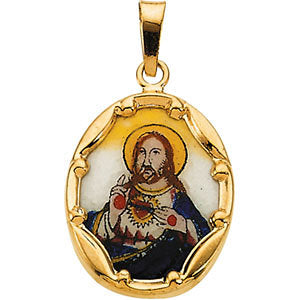 14k Yellow Gold 17x13.5mm Sacred Heart of Jesus Hand-Painted Porcelain Pendant