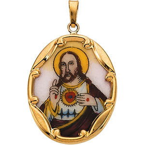 14k Yellow Gold 25x19.5mm Sacred Heart of Jesus Hand-Painted Porcelain Pendant