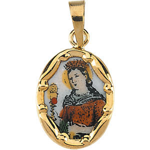 14k Yellow Gold 13x10mm St. Barbara Hand-Painted Porcelain Medal