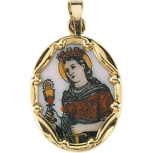 14k Yellow Gold 17x13.5mm St. Barbara Hand-Painted Porcelain Medal